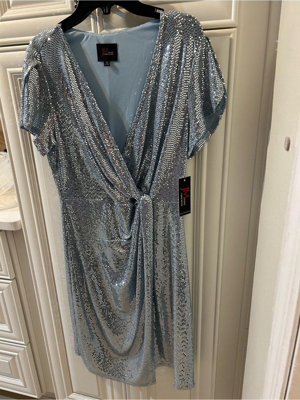 JVN by Jovani Silver Sequin Wrap Dress